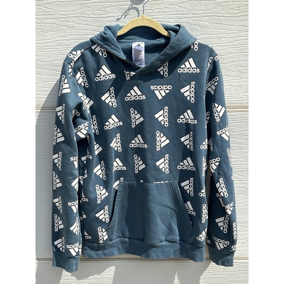 adidas Other - Adidas Hoodie Mens Medium Blue Logo Graphic Fleece Pullover Allover Print Sport